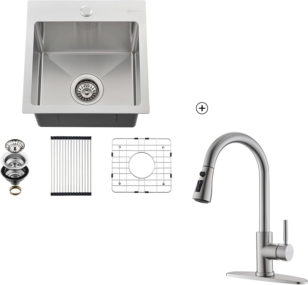 Drop In Kitchen Sink,15 x 15 Inch Sink With Pull Down Sprayer Kitchen Faucet, 16 Gauge Single Bowl T-304 Stainless Steel Kitchen Sink