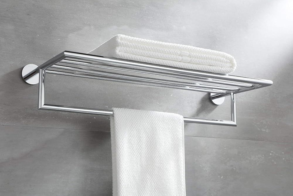 BUVELOT Towel Racks for Bathroom, Chrome Towel Shelf, Wall Mounted and Modern Hotel Style Towel Bar 25.75 Inch, Lavatory Bath Towel Holder, No Assembly, Brass, 077100-CR Leo Series