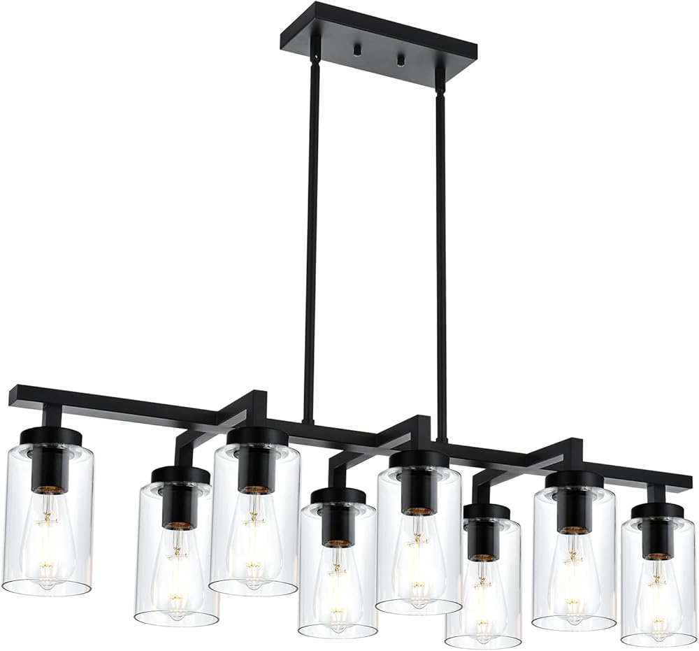 8-Lights Black Pendant Light Fixtures, Kitchen Island Lighting with Clear Glass Shades, Industrial Ceiling Hanging Lamp Chandelier for Dining Table, E26 Bulb Base