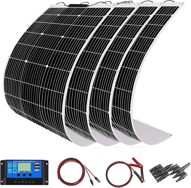 Solar Panel Kit, 400 W 4 x 100 W Flexible Solar Panel, 12 V, Solar Power Waterproof, Solar Charger, 40A Controller, 3.9 ft (3 m) Cable, 3.3 ft (1 m) Battery Clip Cable, 12 V Battery Charger Compatible