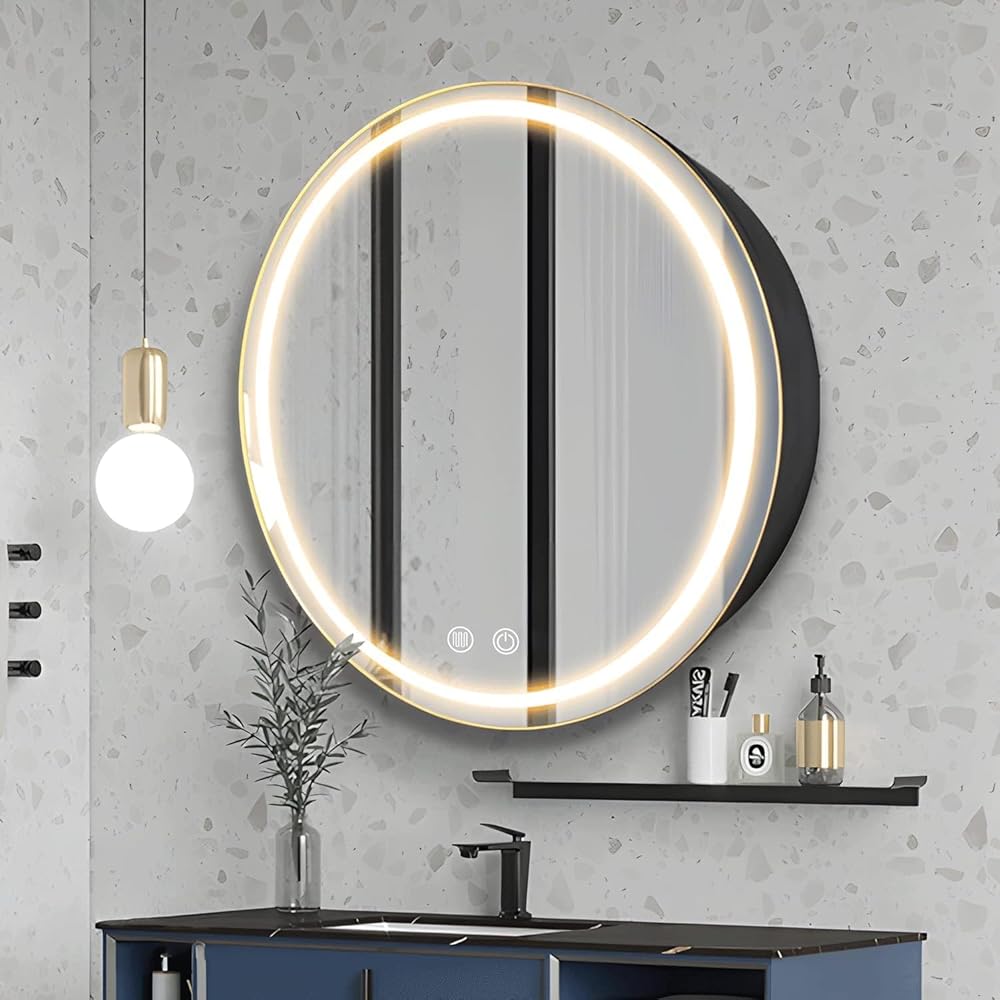 26inch Round Medicine Cabinet with Lights,Led Medicine Cabinet with Defogger,Illuminated Mirror Cabinet for Bathroom,Dimmable,Anti-Fog,3 Colors,Surface Mount Only