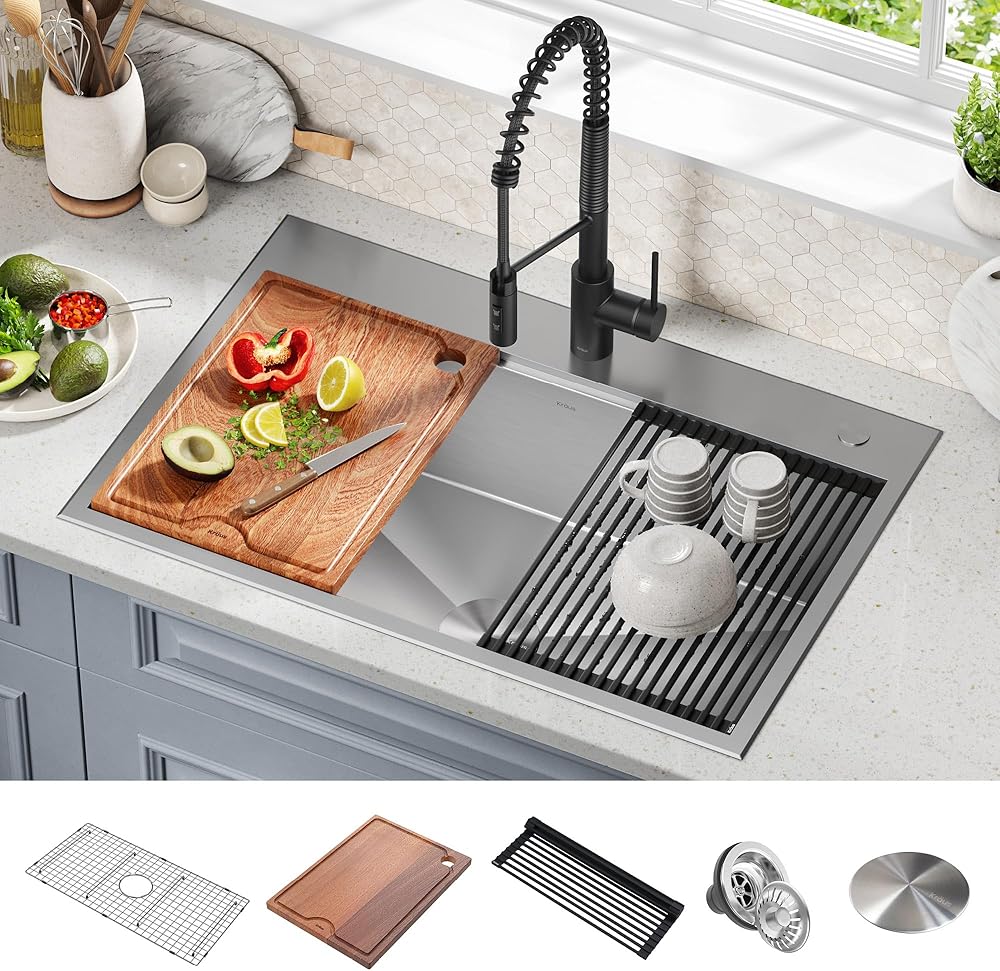 KRAUS Kore 33-in Drop-In Workstation 16 Gauge Stainless Steel Single Bowl Kitchen Sink with Accessories