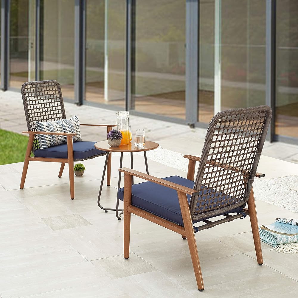 LOKATSE HOME Outdoor Patio 3 Piece Conversation Set Wicker Furniture 2 Cushioned Chairs and Side Table Modern Style, Blue
