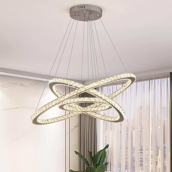 Modern 3 Rings Chandelier for Bedroom Dinning Room Hallway, Round Crystal Pendant Lights Fixtures,Remote Control, Adjustable Colour & Brightness(16