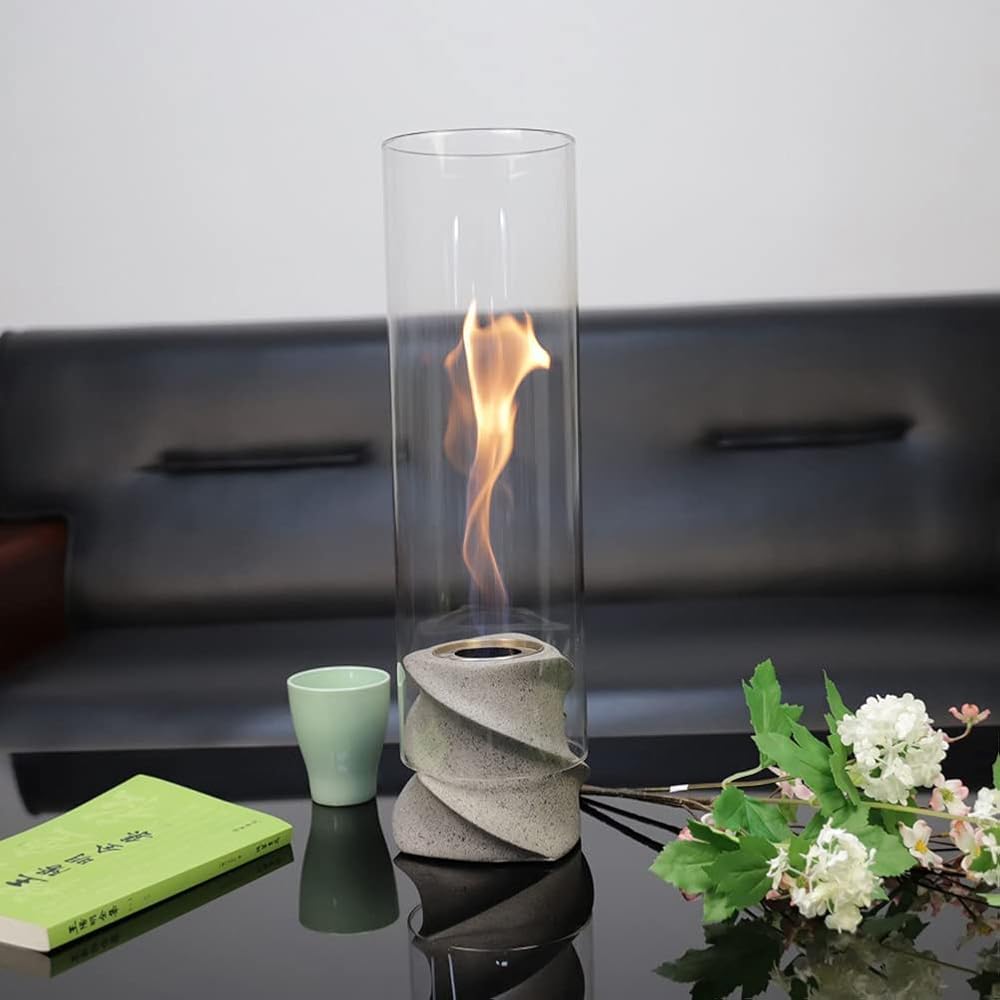 Portable Tabletop Fireplace, with Windproof Glass Cover Tabletop Ventless Bio Ethanol Fireplace, for Indoor/Outdoor Use,Gray