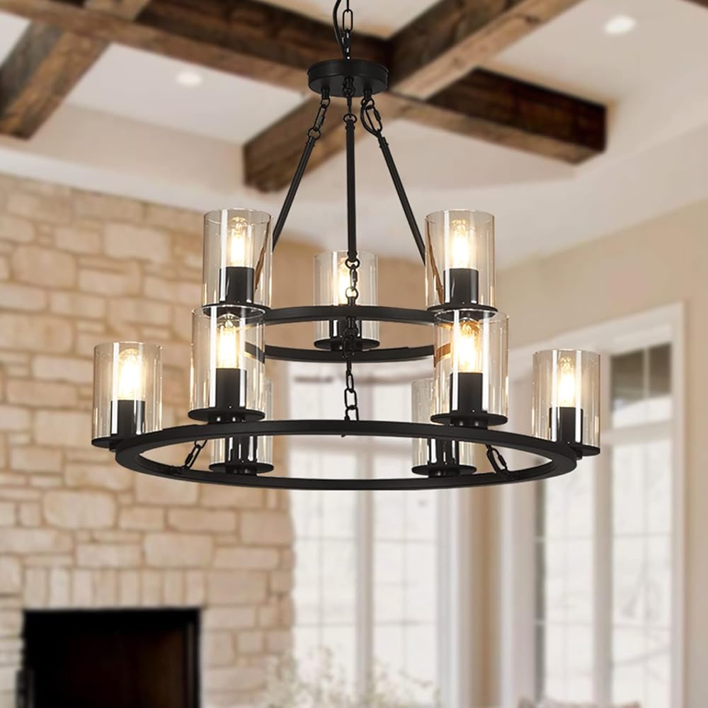 Wagon Wheel Chandelier, 9-Light Modern Round Dining Room Light Fixture, Farmhouse Black, 28.74in x 23.2in, for Bedroom Living Room Foyer Hallway Kitchen Indoor