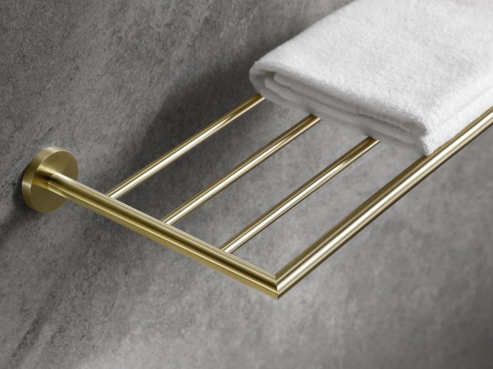 BUVELOT Bathroom Towel Rack, Brushed Gold Towel shelf, Wall Mounted and Modern Hotel Style with Towel Bar 26Inch,Brass, 077090-BG Leo Series