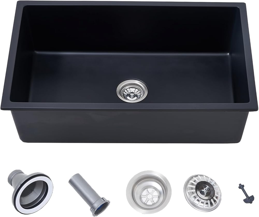 Granite Composite Black Kitchen Sink, 33 Inch Quartz Undermount Kitchen Sink, Modern Single Bowl Kitchen Sinks with Drain Strainer