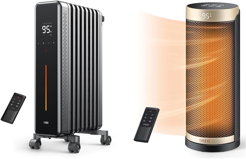 Dreo Radiator Heater Bundle with 1500W Portable Oil Filled Space Heater, Remote Control and 1500W PTC Electric Ceramic Room Heater, 70° Oscillation