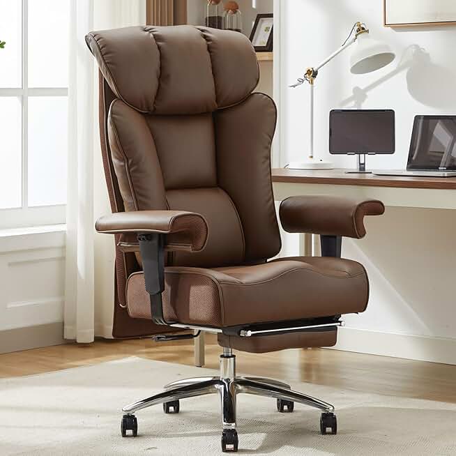 Efomao Big and Tall Office Chair 450lbs, Ergonomic Office Chair, Executive Office Chair for Heavy People, Computer Chair with Foot Rest, High Back Office Chair, PU Leather Brown Office Chair