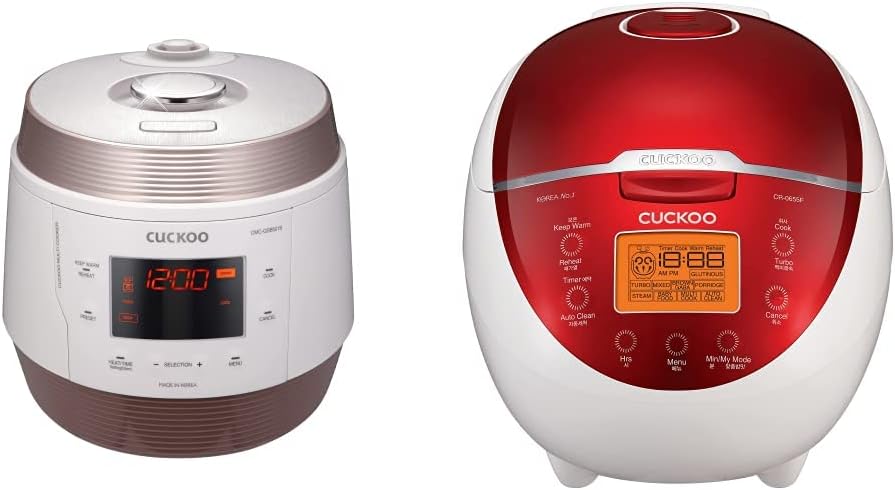 CUCKOO CMC-QSB501S | 5QT. Premium 8-in-1 Electric Pressure Cooker | White/Copper & CR-0655F | 6-Cup (Uncooked) Micom Rice Cooker, Designed in Korea | Red/White