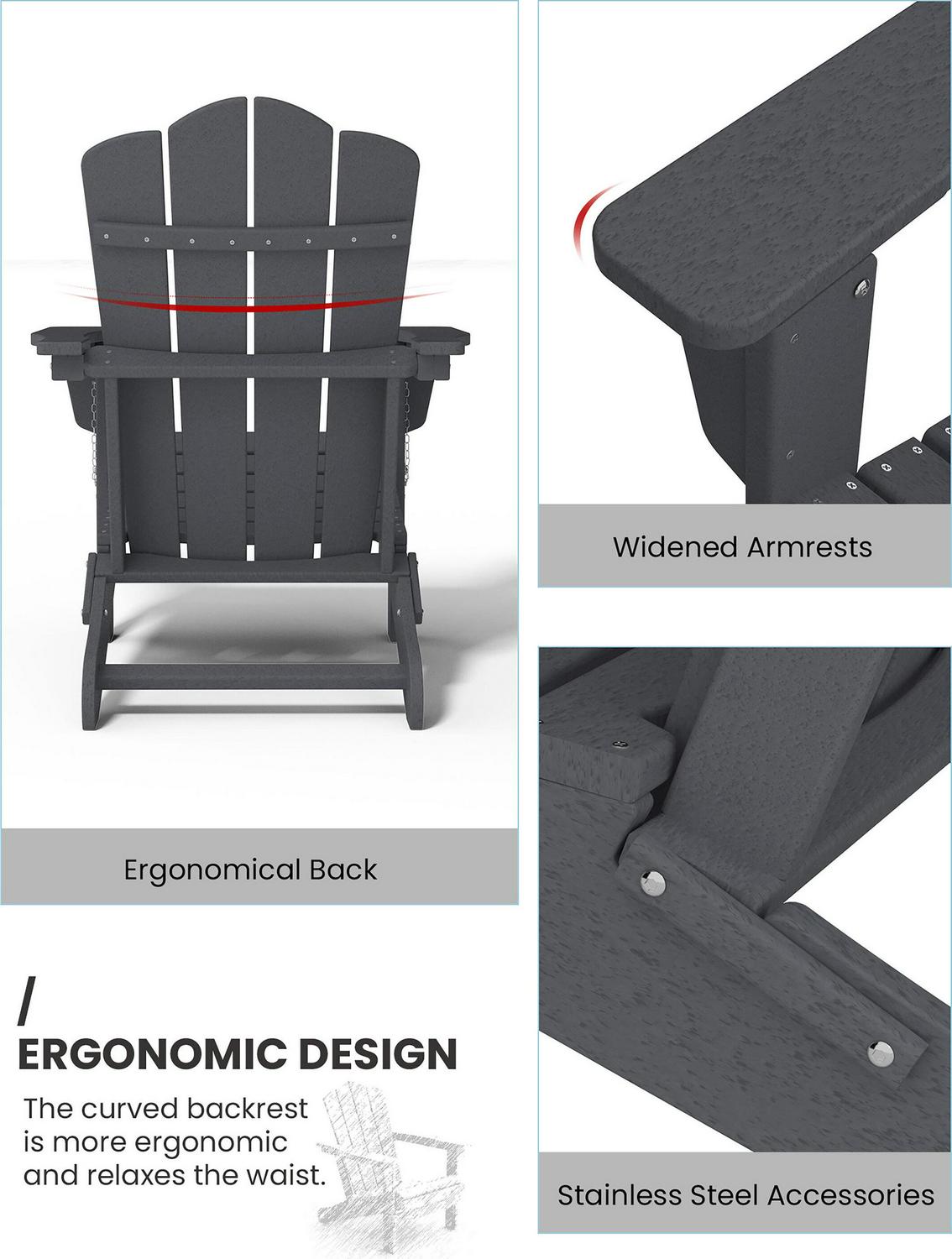 JEAREY Folding Patio Adirondack Chair Stackable Gray HDPE Frame Stationary Adirondack Chair with Gray Slat Seat