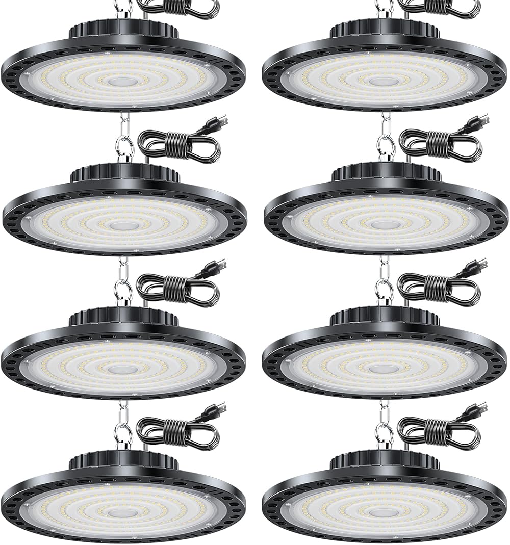 UFO Led High Bay Light 8 pack, 100W 15000lm 7000K Daylight High Bay Led Lights with 110V Plug 6.56' Cable Hanging Hook Safe Rope, Led High Bay Lights for Gym Barn Warehouse Lighting