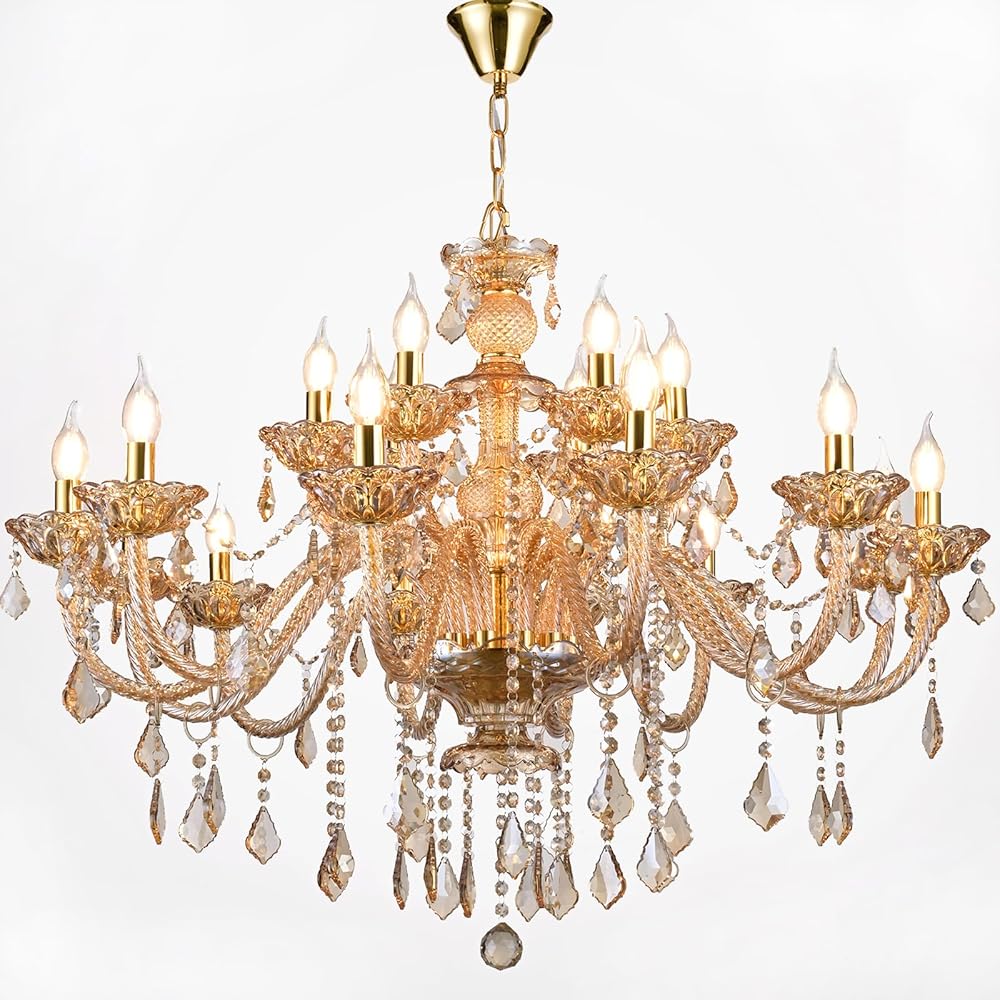 Modern Crystal Chandelier 18-Light Amber Gold K9 Crystal Raindrop Chandelier Lighting, Luxury Crystal Ceiling Pendant Light Fixture Lamp for Living Room, Dinning Room Stairs (18 Lights)
