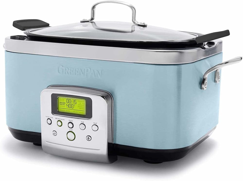 Elite 8-in-1 Programmable 6QT Electric Slow Cooker, Dishwasher Safe Lid & Removable Crock, PFAS-Free Healthy Ceramic Nonstick Multi-Cooker, Sear,Sauté/Brown,Steam Basket,Roast, Sky Blue
