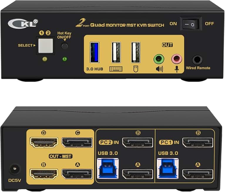 CKL 2 Port KVM Switch Quad Monitor DisplayPort 4K 60Hz for 2 Computers 4 Monitors, 2 DP Input to 2 DP + 2 HDMI Outputs for Each PC via DP 1.4 MST (624DH-MST)