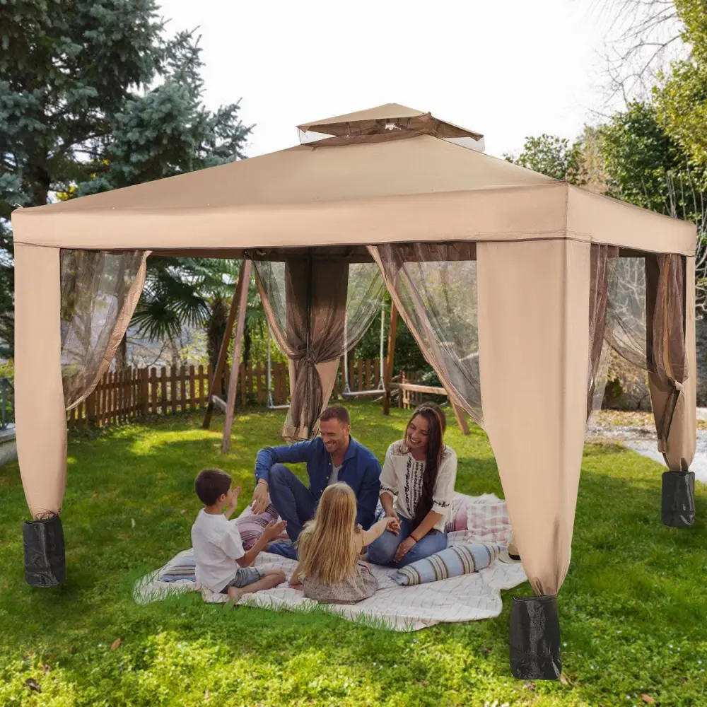 VEVORbrand 10x10ft Outdoor Canopy Gazebo with Four Sandbags – Gazebo with Netting, Waterproof and UV Protection – Patio Gazebo Brown for Backyard, Outdoor, Patio and Lawn