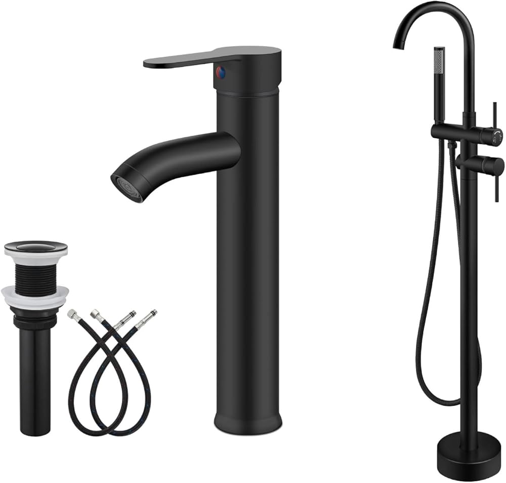 gotonovo Matte Black Bathroom Sink Faucet with Water Supply Lines, Metal Pop Up Drain and Floor Mounted Tub Faucet with Handheld Shower, 360° Swivel Spout