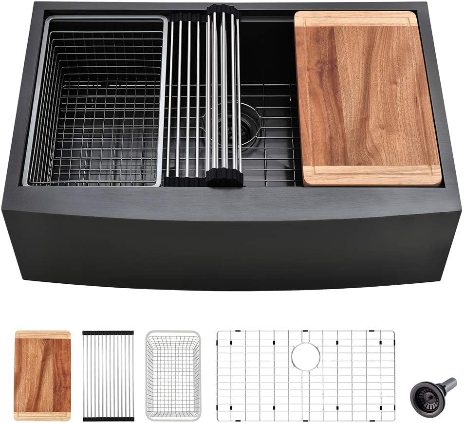 33 Black Farmhouse Kitchen Sink Workstation-VASOYO 33x22 Black Stainless Steel Farmhouse Sink Apron Front Workstation Kitchen Sink 16 Gauge R10 Deep Single Bowl Kitchen Farm Sink with Cutting Board