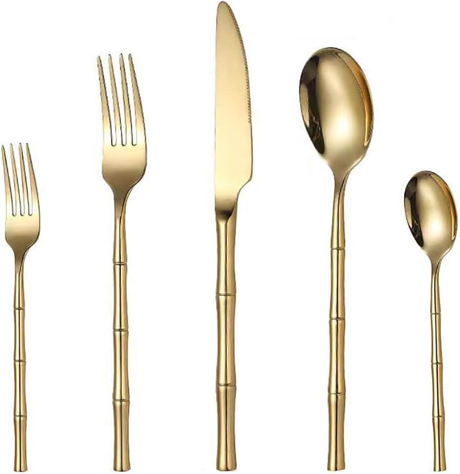 Silverware Set Gold Bamboo Handle Flatware 18/10 Stainless Steel Heavy Cutlery Set 40 Pieces Spoons Forks Knives for 8 Gorgeous Kitchen Utensils Restaurant Home Festival Parties Mirror Bamboo