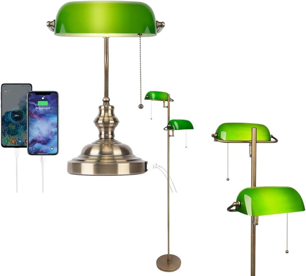 FIRVRE Green Glass Bankers Lamp with 2 USB Port, Pull Chain Switch Desk Lamp Bundle with Green Glass Bankers Floor Lamp,Vintage Standing Lamp with Pull Chain Switch