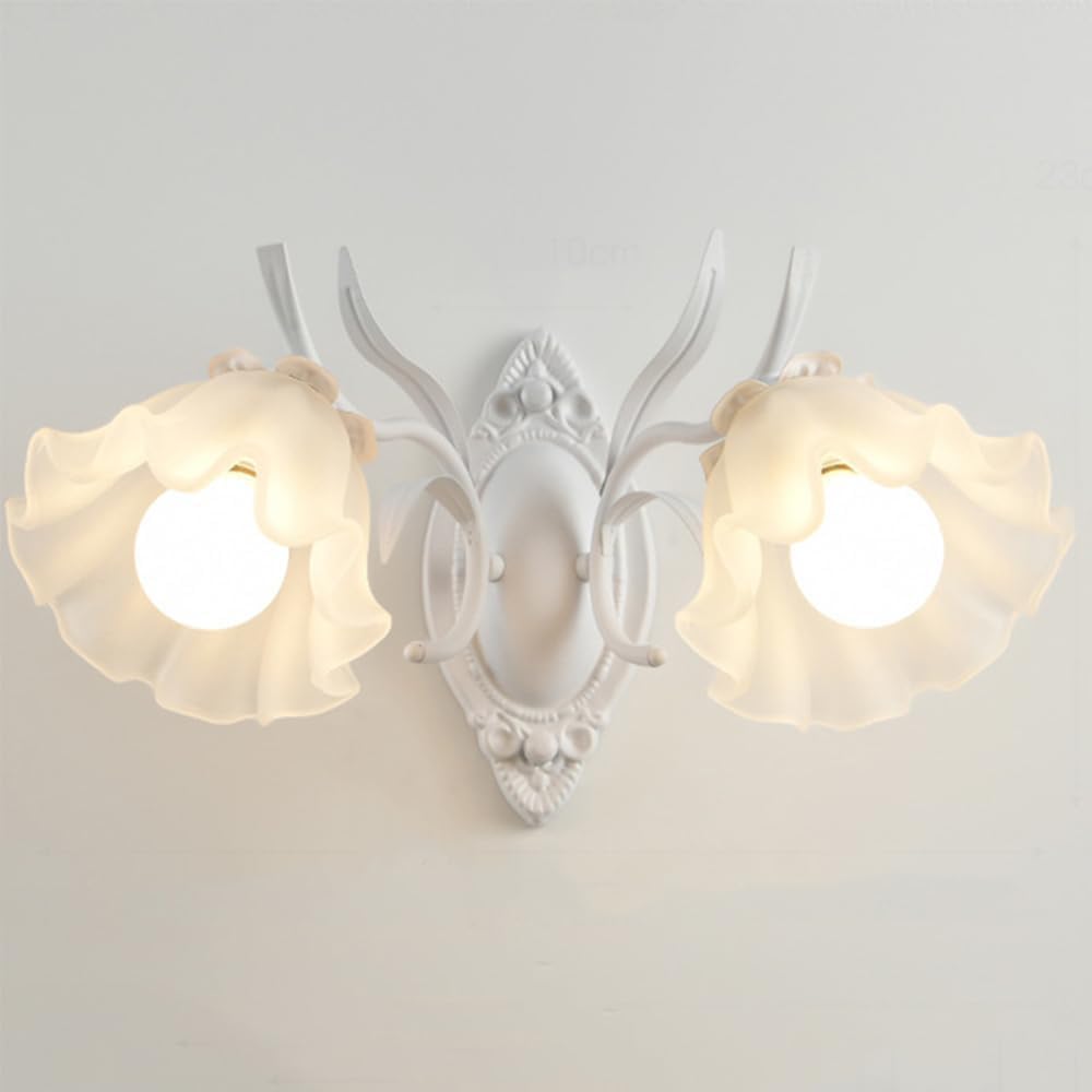 French Cream Style Glass Wall Sconce Vintage White Flowers Wall Light Fixture Modern Green Bedside Wall Mounted Lamp E27 Socket for Living Room Study Room Bedroom Bedside Children's Room