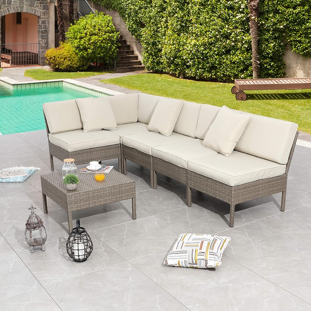 LOKATSE HOME 6 Pieces Patio Wicker Conversation Weather Rattan Outdoor Sectional Furniture with 3 Pillows and Tea Table, Sofa Set, Beige