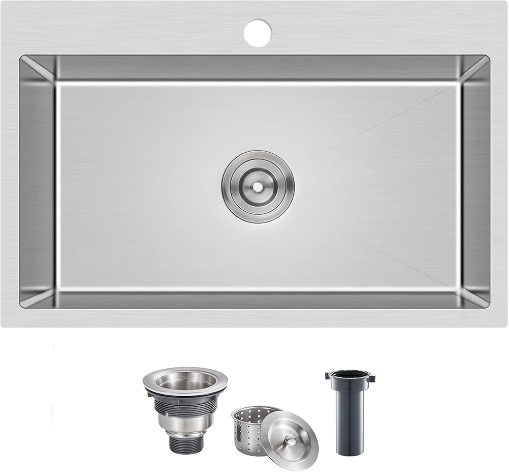 MENATT 28 Inch Drop-in Kitchen Sink, 304 Stainless Steel Topmount Handmade Kitchen Sink, Single Bowl Workstation Sink with Drain Kit (Brushed), 28