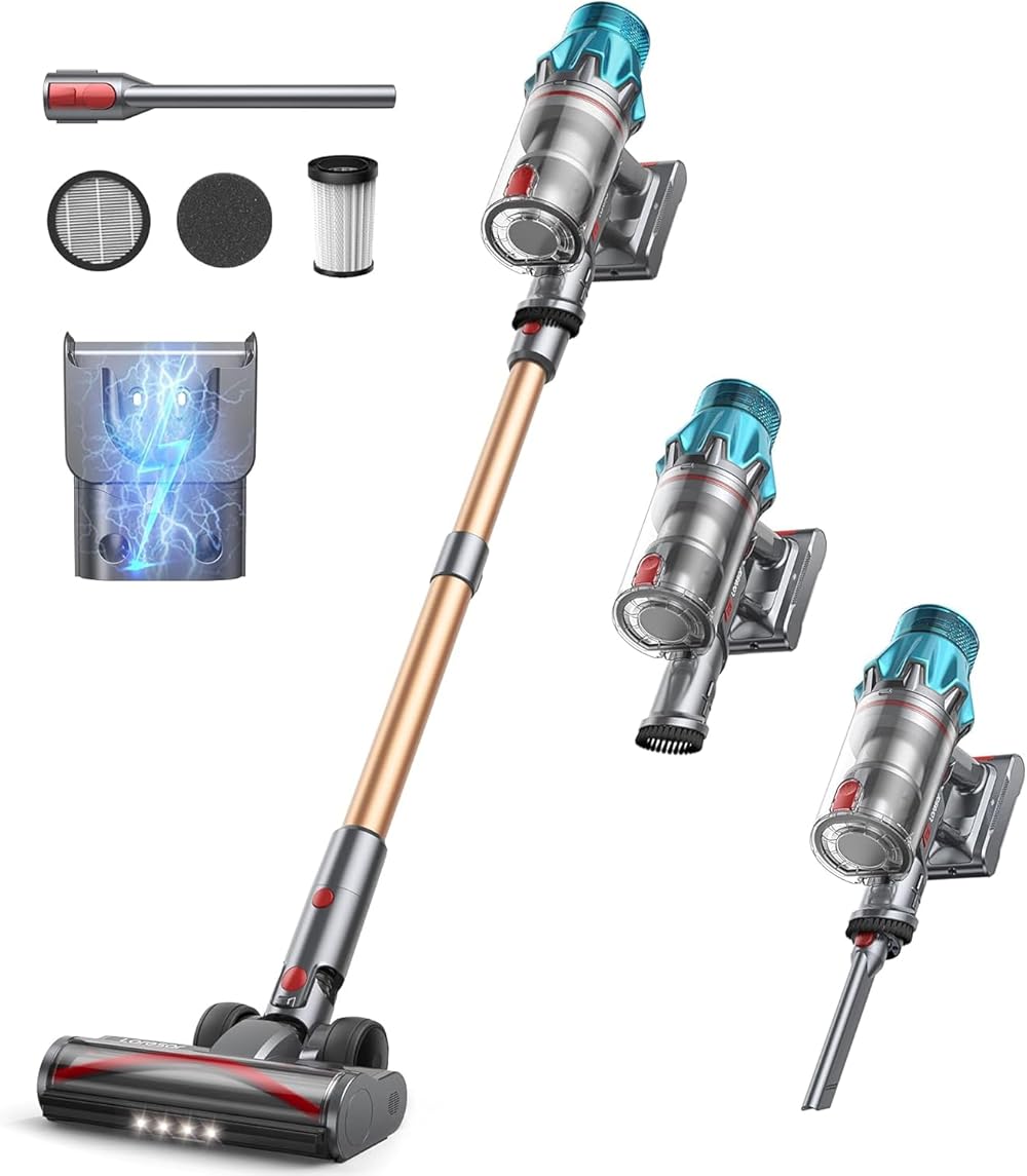 Laresar Cordless Vacuum Cleaner, 550W/45Kpa Stick Vacuum Cleaner with Touch Screen, Up to 60Mins Runtime, Anti-Tangle Vacuum Cleaner with Charging Station for Carpet, Hard Floor, Pet Hair, Yellow