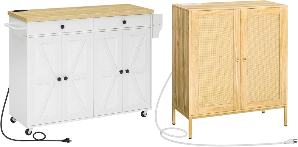 HOOBRO 43.3 Inch Kitchen Island with Charging Station and Kitchen Pantry Cabinet with Charging Station Bundle, Kitchen Island Cart with Spice Rack and Hooks, for Kitchen, WN11UZD01-ND80UCB01