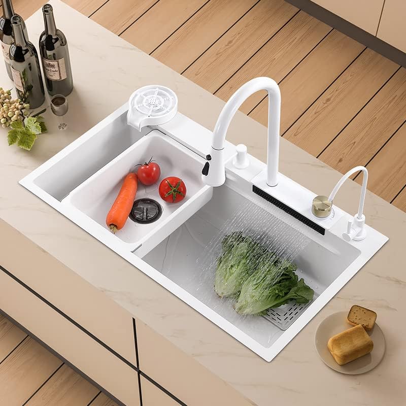 Waterfall sink white single trough button digital display 304 stainless steel sink kitchen nano multi-function vegetable sink (31.5X17.7X8.6inches)