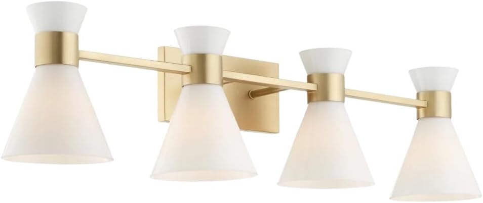 Quorum International 5119-4-80 I Beldar Collection 38 Inch Four Light Bathroom Vanity - Aged Brass Finish with Opal Glass Shades | Modern Contemporary Light Fixture |