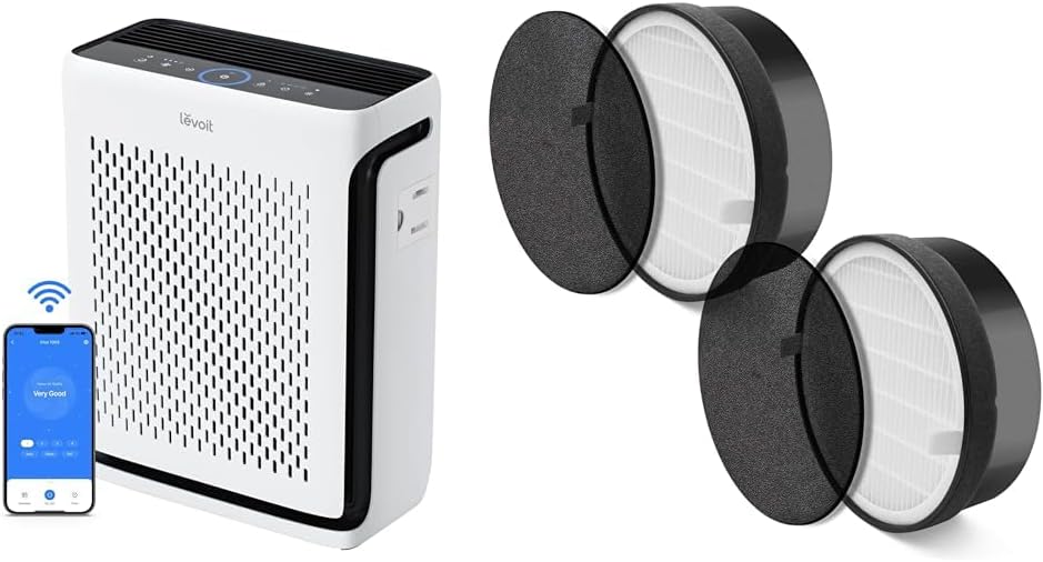 Levoit Air Purifiers for Home Large Room Bedroom Up to 1110 Ft2 with Air Quality Sensors Smart WiFi App Control Washable Filters HEPA for Pets Dust Pollen Allergies Plus 2 Pack Replacement Filters