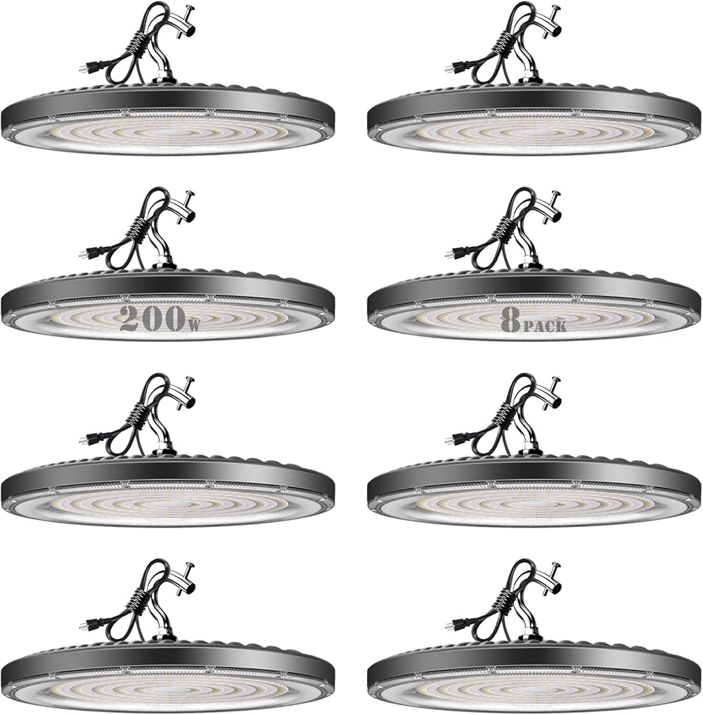 8Pack 200W LED High Bay Light, 30000LM (Eqv. to 800W HPS/MH) UFO Commercial High Bay Light, 5000K 𝐀𝐂𝟏𝟎𝟎-𝟐𝟕𝟕𝐕 UFO High Bay Lighting - 8Pack 𝟓𝐘𝐞𝐚𝐫𝐬 𝐖𝐚𝐫𝐫𝐚𝐧𝐭𝐲