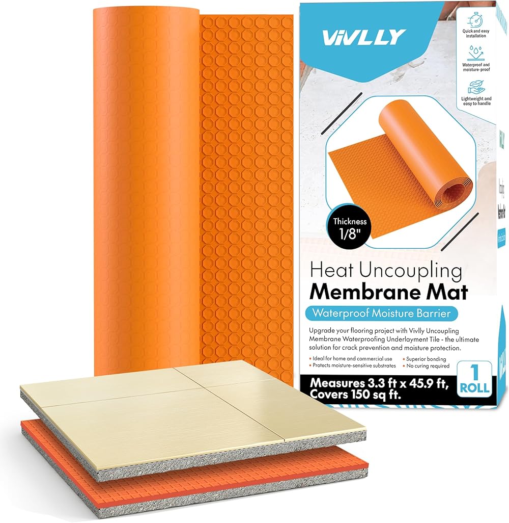 Heating Uncoupling and Waterproofing Membrane for Electric Floor Heating Cables - 150 sq ft, 3.3 ft x 45.9 ft - Prevents Tile Cracking, Customizable Cable Placement, No Self-Levelers Needed