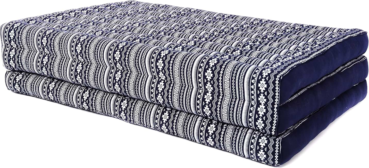 Leewadee Trifold Mattress XL – Comfortable Thai Massage Pad, Foldable Relaxation Floor Mattress Filled with Kapok, Perfect to Use as a Sleeping Mat 79 x 39 inches, Blue White