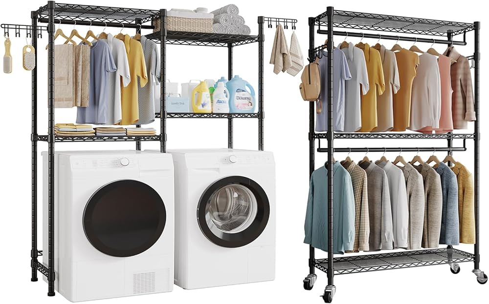 H6 Over Washer and Dryer Storage & H2 Rolling Garment Rack, Laundry Storage, Heavy Duty Clothing Rack for Hanging Clothes