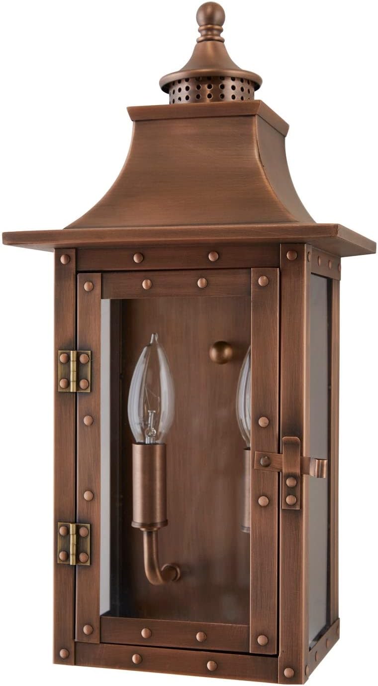 Acclaim Lighting 8302CP | Vintage Solid Copper Two Light Dimmable Wall Mounted Outdoor Wet Rated Lantern with Clear Glass | Hand Crafted Classic Colonial America Design (Copper Patina - Style One)