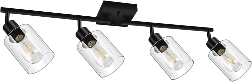 BoostArea LED 4 Light Track Lighting Kit, 4 Way Ceiling Spot Lighting with Glass Lampshade, Flexibly Rotatable Light Head for Kitchen, Living Room, Bedroom, Bulb Not Included