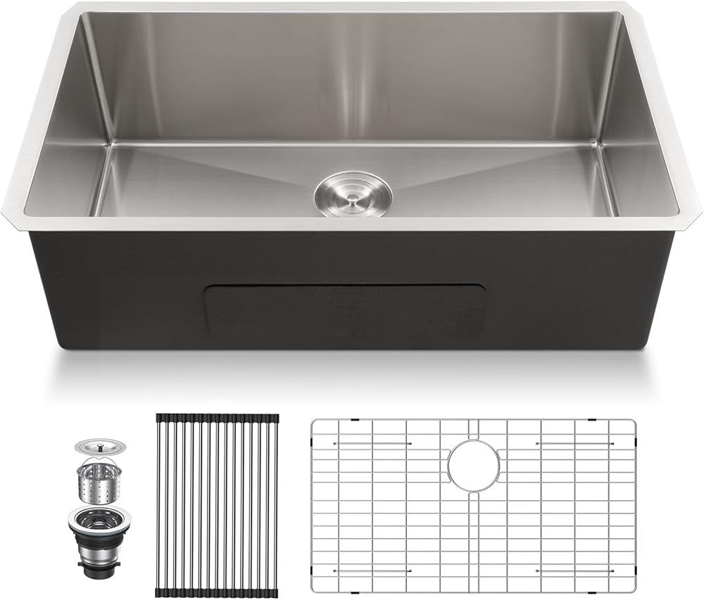 Lordear 33 inch Undermount Kitchen Sink Stainless Steel Single Bowl Kitchen Sinks Round Corner 16 Gauge 33