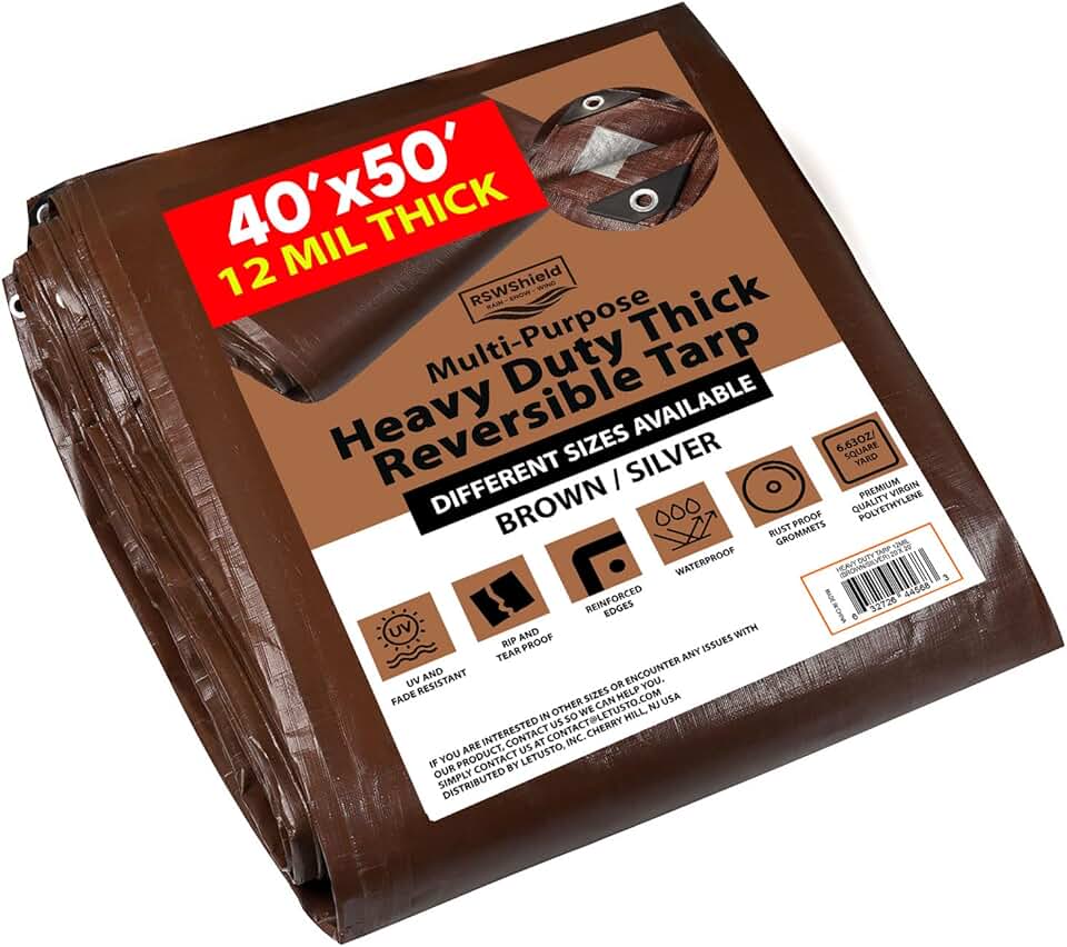 [40'X50'] RSW Heavy Duty Waterproof 12 Mil Safety Reversible Tarp Cover, UV Resistant, Rip and Tear Proof Tarpaulin with Reinforced Edges - for Roof, Camping, Patio, Pool Cover, Boat (Brown/Silver)