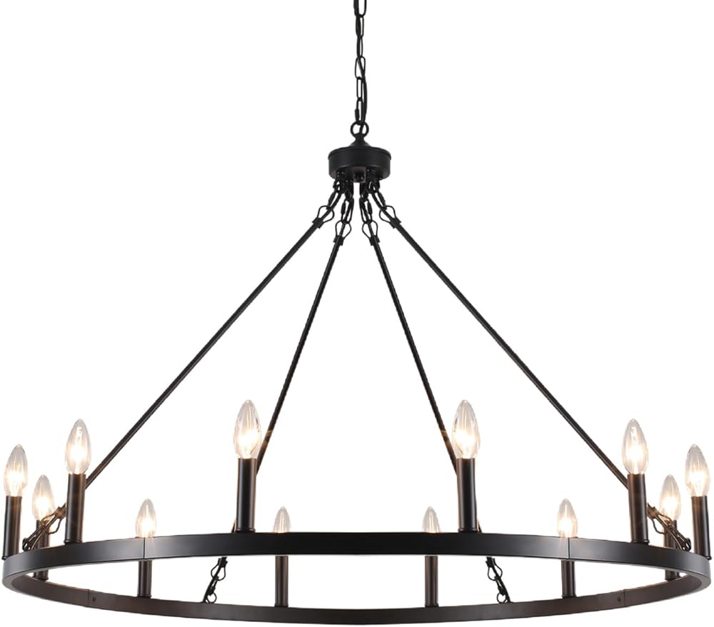Black Farmhouse Chandelier, 38 inches 12 Lights Large Wagon Wheel Chandelier Industrial Rustic Dining Room Light Fixture High Ceiling Hanging Pendant Light for Living Room Kitchen Entryway