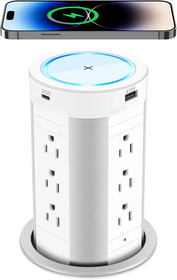 HEZI 4-inch Pop Up Countertop Outlet with 15W Wireless Charger,Max 45W Power Delivery,2 USB-A & 2 USB-C & 12AC Outlets Tamper Resistant 15A, Island Pop Out for Home Office Kitchen