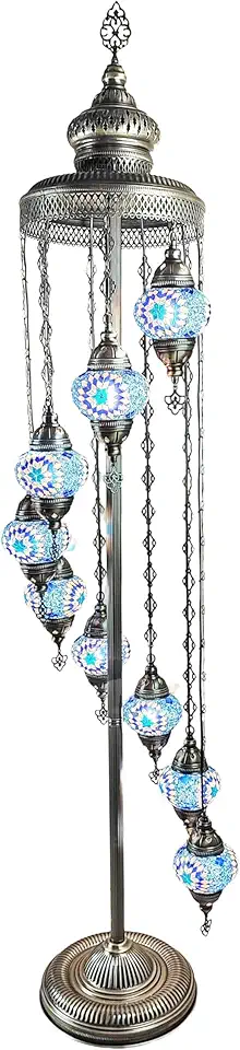 Angora Mert 9 Globe Standing Turkish Floor Lamp - Blue | 100% Handmade in Turkey, Mosaic Glass, Bohemian, Turkish Moroccan Standing Lamps for Indoor Living Room | 75 Inches Tall
