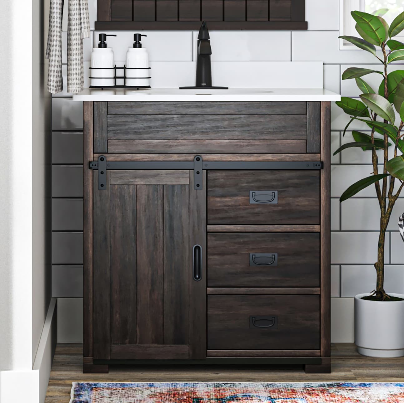 Style Selections Morriston 30-in Distressed Java Undermount Single Sink Bathroom Vanity with White Engineered Stone Top