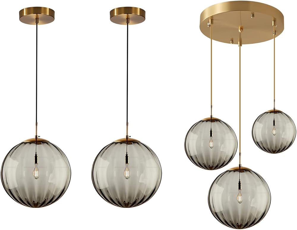 KCO Lighting Smoke Glass Pendant Light Large Globe Pendant Lighting 3 Light Cluster Pendant Lighting Vintage Kitchen Island Chandelier Bedroom Chandelier