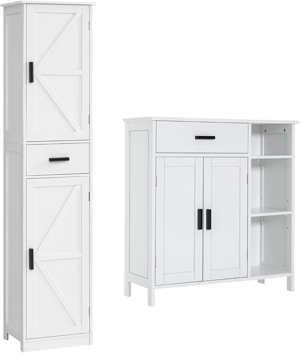 WEENFON Bathroom Storage Cabinet Set, Tall Bathroom Cabinet with 6 Shelves & 1 Drawer, Small Floor Cabinet with 2 Doors, 1 Drawer & 3 Shelves,for Bathroom, Living Room, Bedroom, Kitchen, White