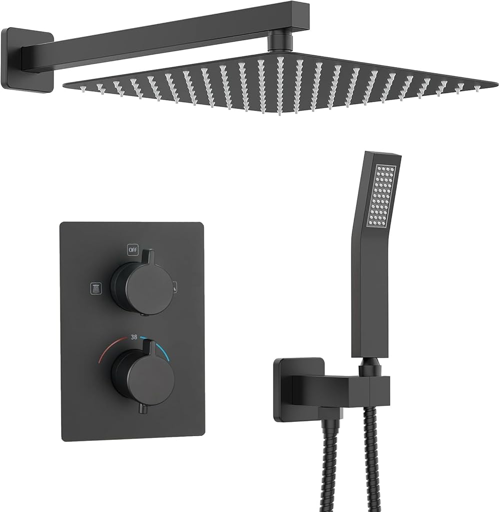 Thermostatic Shower System - Premium 12-Inch Rainfall Shower Head & Handheld - Complete Bathroom Shower Set with Faucet Mixer Trim Kit & Valve, Matte Black Finish