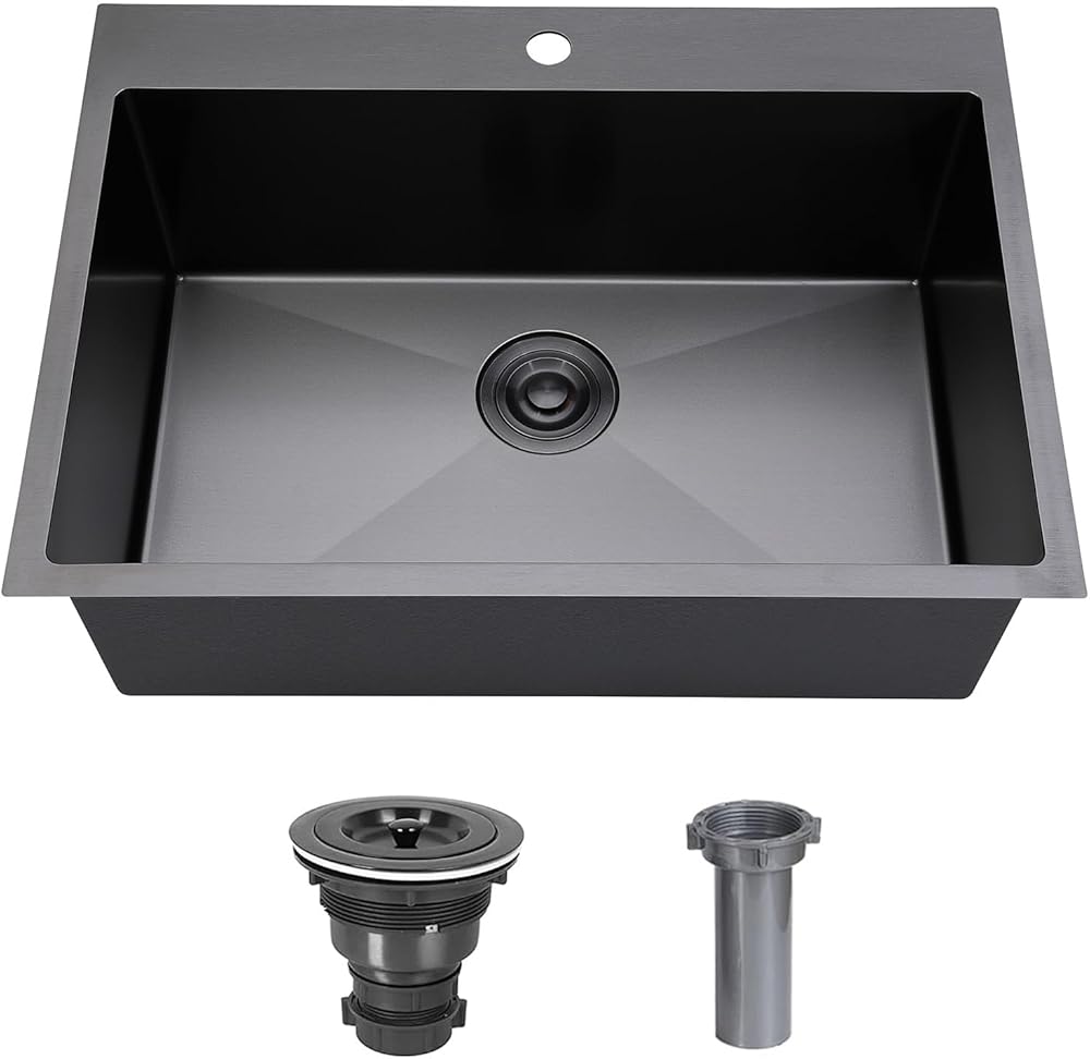 28 Inch Black Drop In Kichen Sink, 28x20 Inch Stainless Steel Single Bowl Workstation Sink, Top mount Gunmetal Black Sink for RV, Laundry, 16 Gauge Overmount Kitchen Sink With Strainer