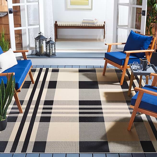 SAFAVIEH Courtyard Collection Area Rug - 9' x 12', Black & Bone, Plaid Design, Non-Shedding & Easy Care, Indoor/Outdoor & Washable-Ideal for Patio, Backyard, Mudroom (CY6201-216)